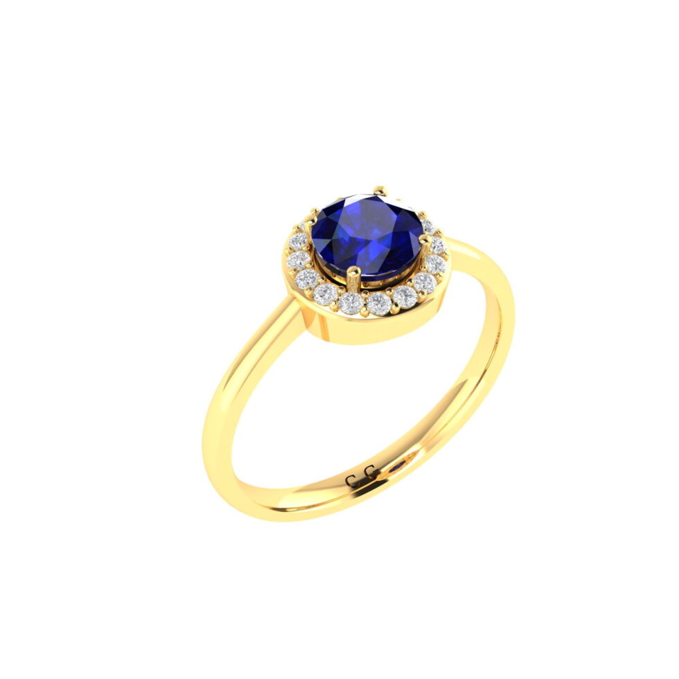 Diana Round Blue Sapphire and Radiant Diamond Ring in 18K Gold (0.6ct)