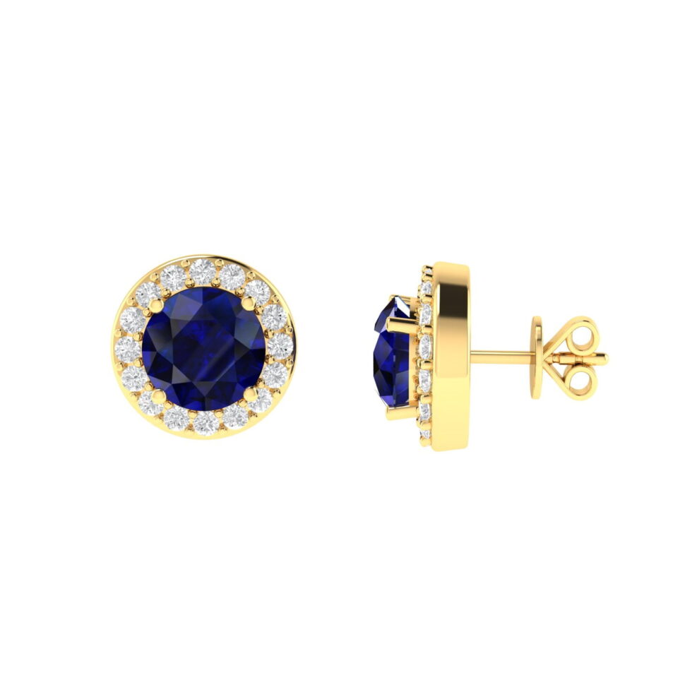 Diana Round Blue Sapphire and Radiant Diamond Earrings in 18K Gold (1.2ct)