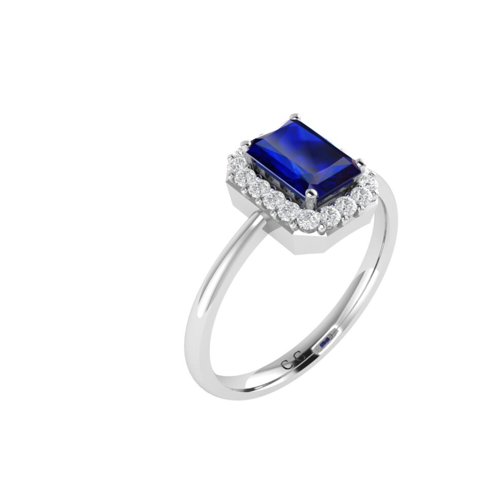 Diana Emerald Cut Blue Sapphire and Radiant Diamond Ring in 18K Gold (0.3ct)