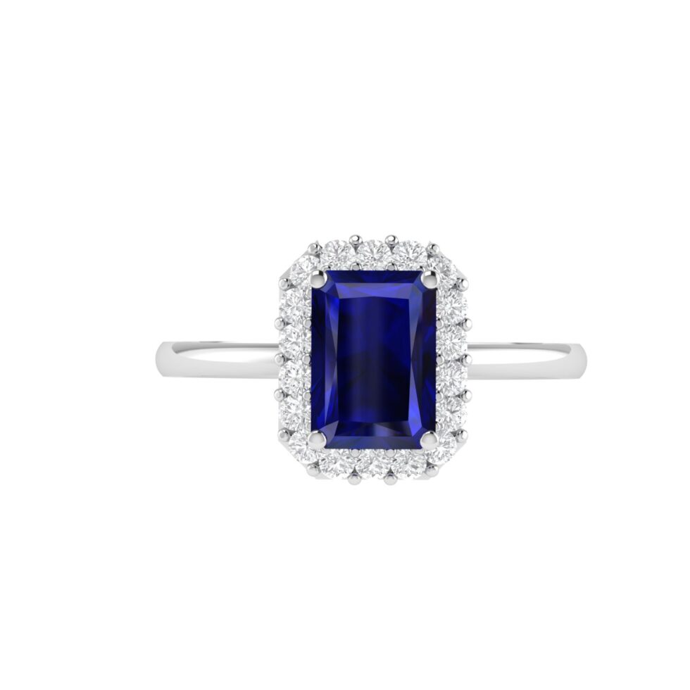 Diana Emerald  Cut Blue Sapphire and Radiant Diamond Ring in 18K Gold (0.3ct)