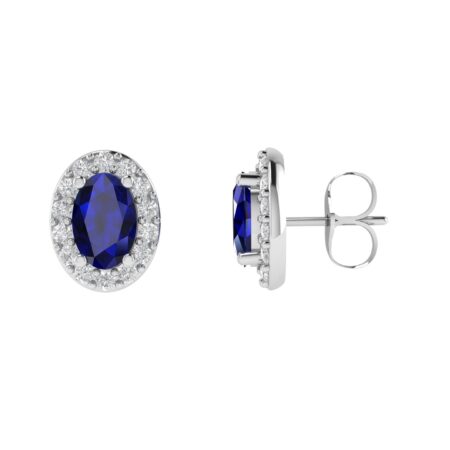 Diana Oval Blue Sapphire and Radiant Diamond Earrings in 18K White Gold (5ct)
