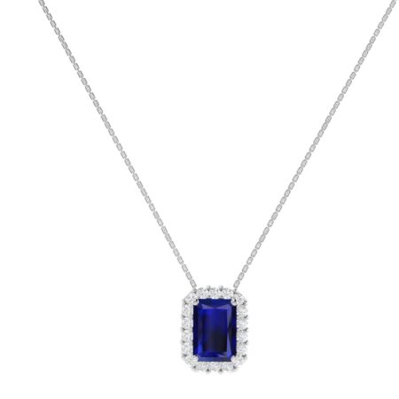 Diana Emerald  Cut Blue Sapphire and Radiant Diamond Necklace in 18K Gold (0.3ct)