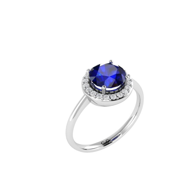Diana Round Blue Sapphire and Radiant Diamond Ring in 18K White Gold (2.3ct)