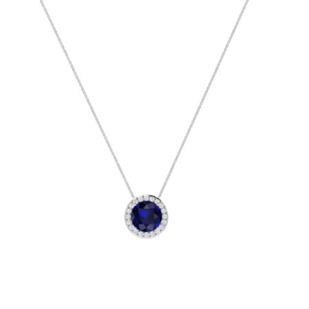 Diana Round Blue Sapphire and Radiant Diamond Necklace in 18K White Gold (2.3ct)