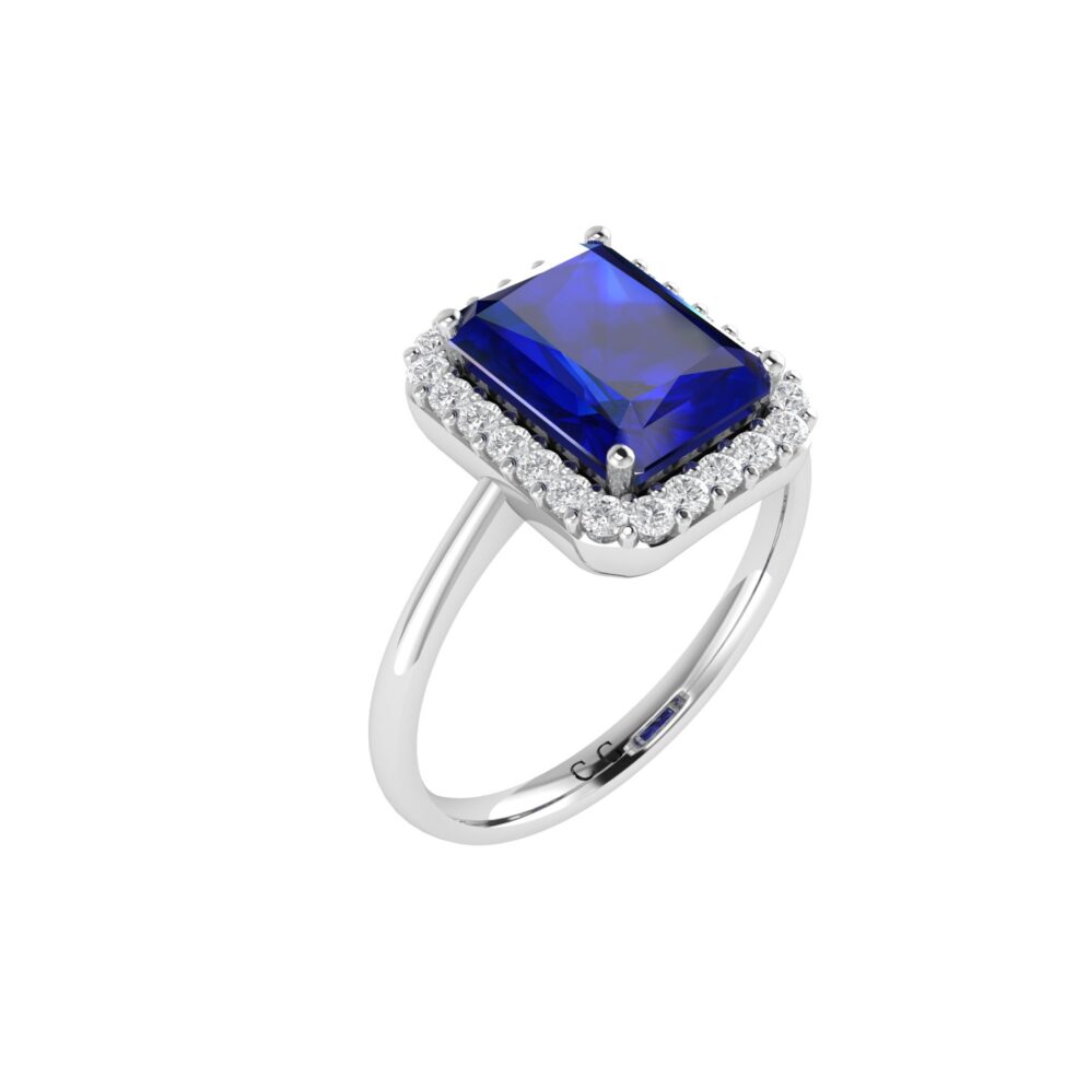 Diana Emerald Cut Blue Sapphire and Radiant Diamond Ring in 18K Gold (0.85ct)