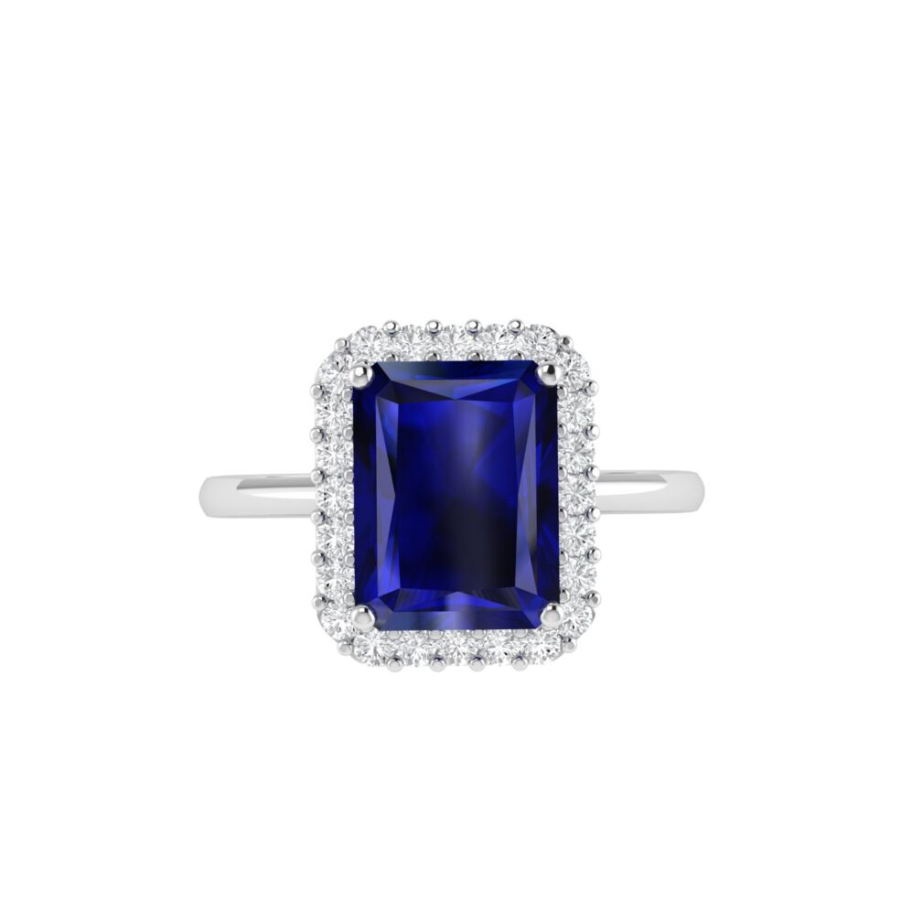 Diana Emerald Cut Blue Sapphire and Radiant Diamond Ring in 18K Gold (0.85ct)
