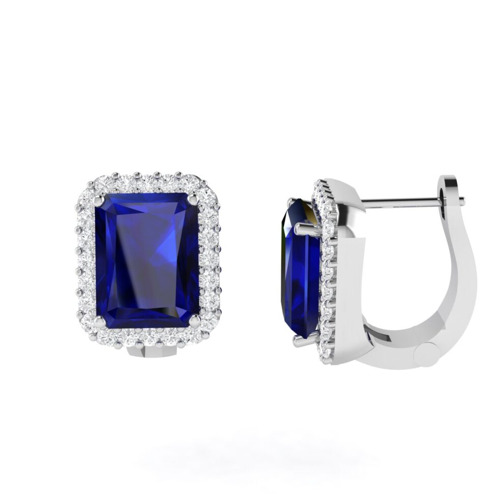 Diana Emerald Cut Blue Sapphire and Radiant Diamond Earrings in 18K Gold (1.7ct)