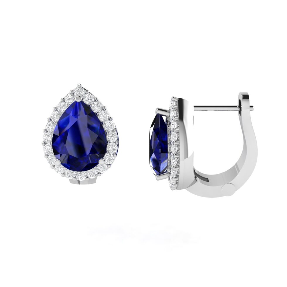 Diana Pear Blue Sapphire and Radiant Diamond Earrings in 18K White Gold (2.1ct)