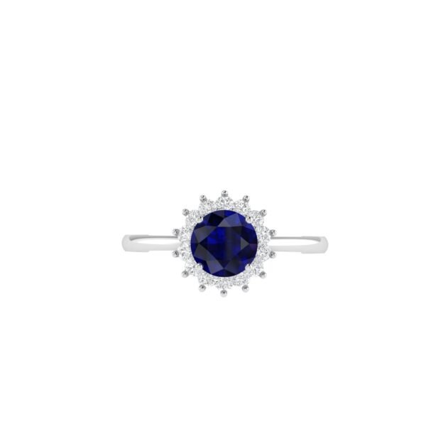 Diana Round Blue Sapphire and Radiant Diamond Ring in 18K White Gold (1.05ct)