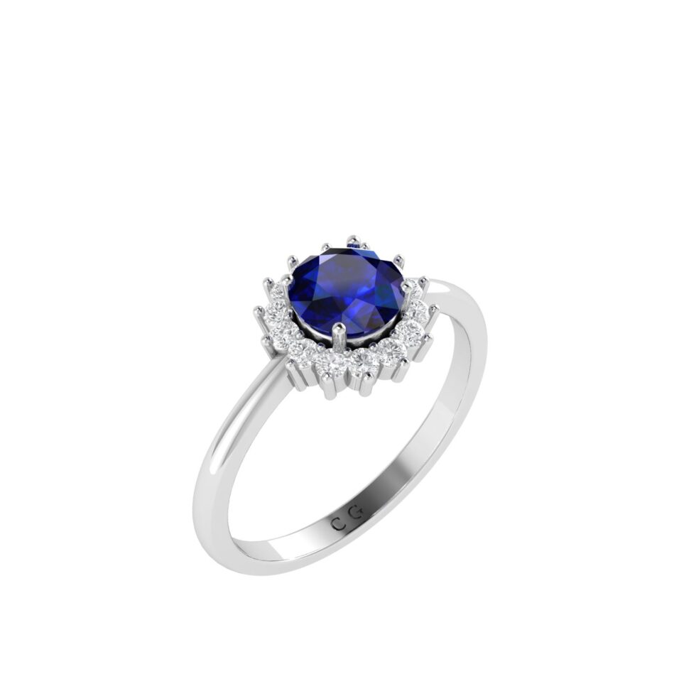 Diana Round Blue Sapphire and Radiant Diamond Ring in 18K Gold (0.6ct)