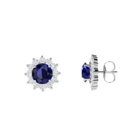 Diana Round Blue Sapphire and Shimmering Diamond Earrings in 18K White Gold (2.1ct)