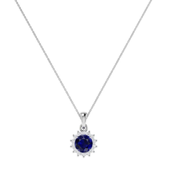 Diana Round Blue Sapphire and Radiant Diamond Pendant in 18K White Gold (1.05ct)