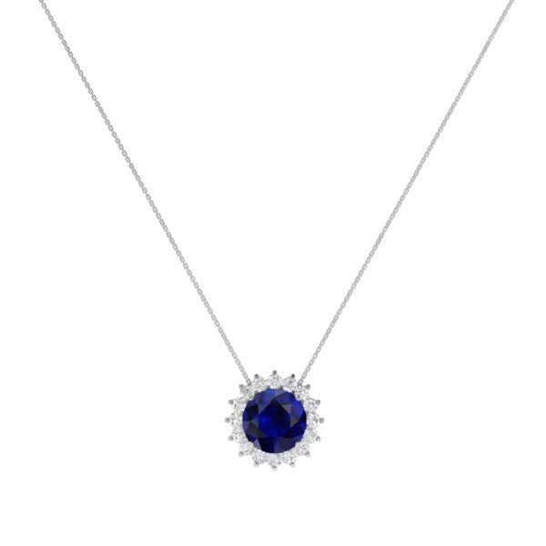 Diana Round Blue Sapphire and Shimmering Diamond Necklace in 18K White Gold (2.3ct)