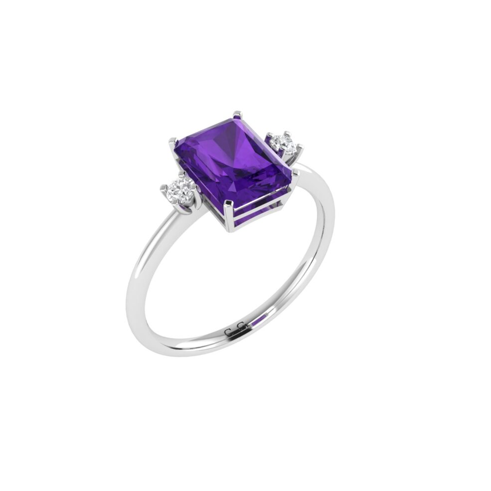 Minimalist Emerald-Cut Amethyst Ring with Elegant Diamond Side Accents in 18K White Gold (2.4ct)