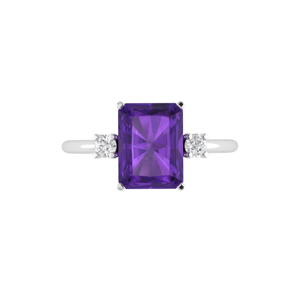 Minimalist Emerald-Cut Amethyst Ring with Elegant Diamond Side Accents in 18K White Gold (2.4ct)