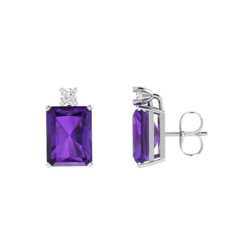 Minimalist Emerald-Cut Amethyst Earrings with Elegant Diamond Side Accents in 18K White Gold (4.8ct)