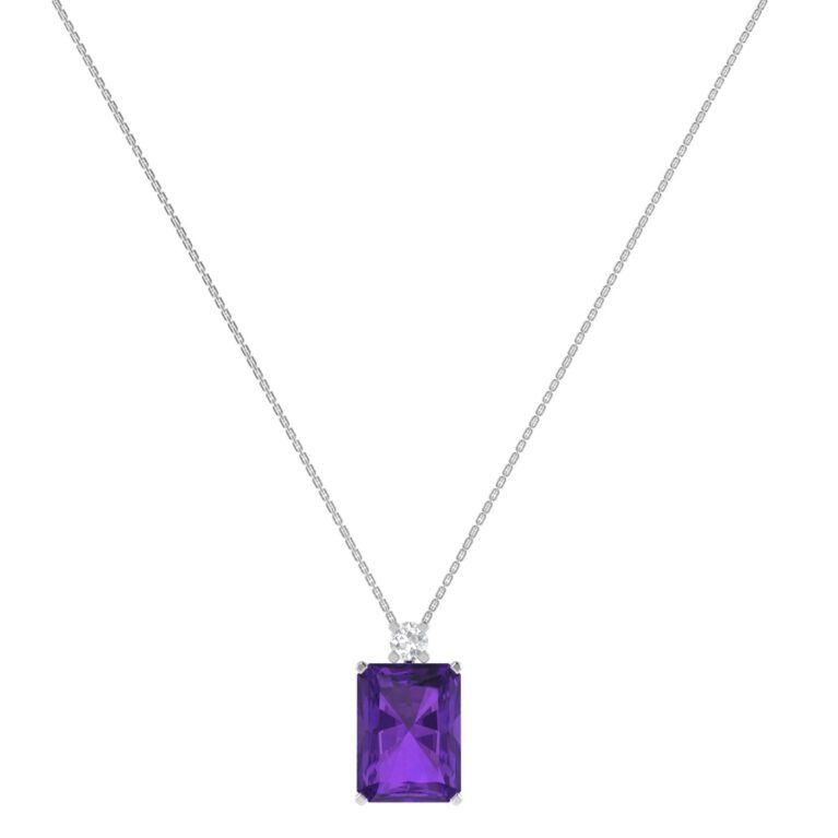 Minimalist Emerald-Cut Amethyst Necklace with Elegant Diamond Side Accents in 18K White Gold (2.4ct)