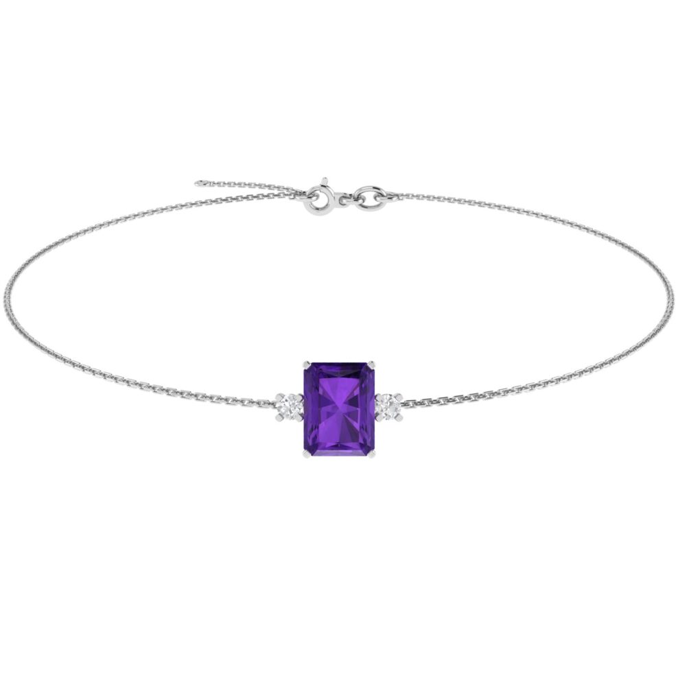 Minimalist Emerald-Cut Amethyst Bracelet with Elegant Diamond Side Accents in 18K White Gold (2.4ct)
