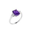 Trio Minimalist Emerald-Cut Amethyst Ring with Elegant Diamond Side Accents in 18K White Gold (2.4ct)
