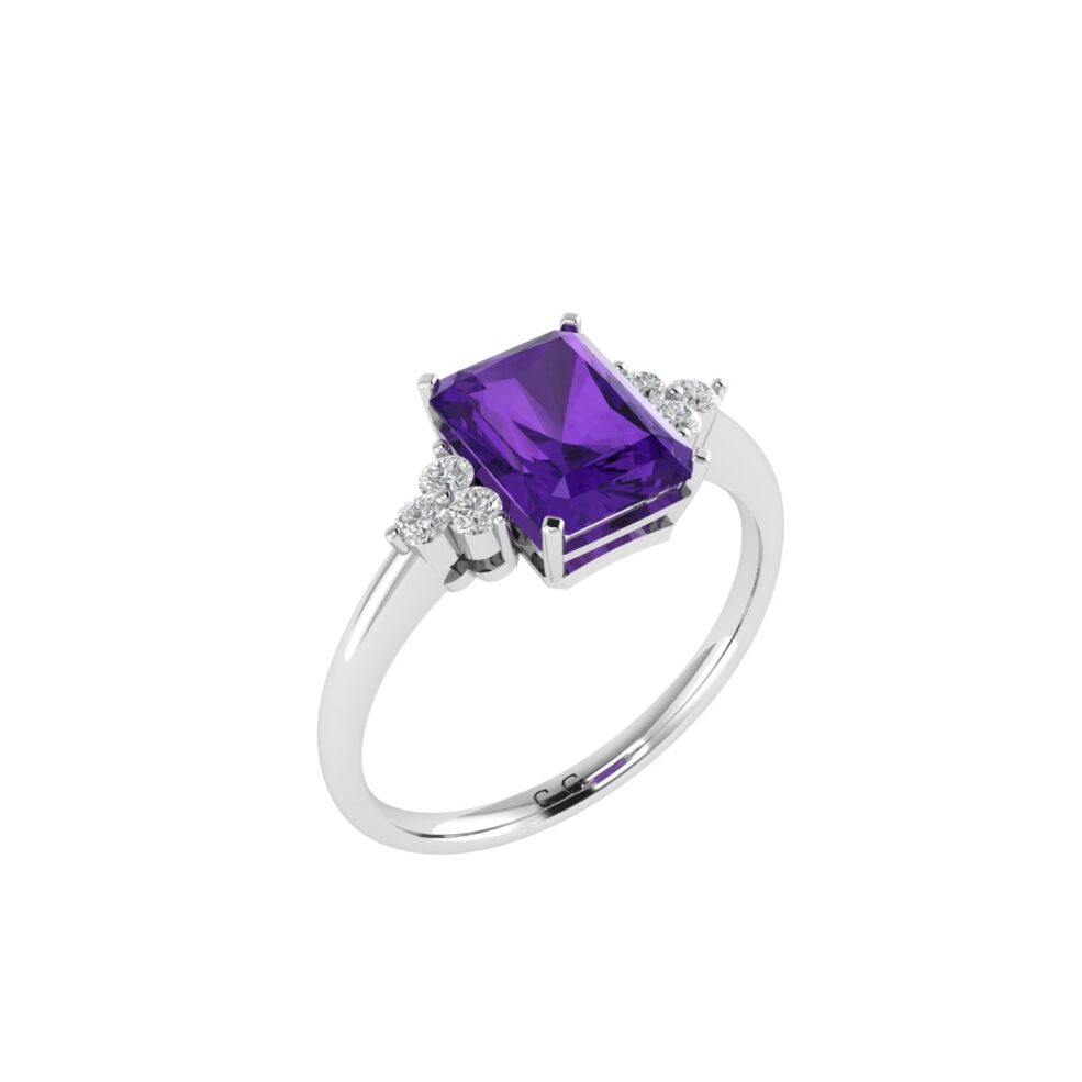 Trio Minimalist Emerald-Cut Amethyst Ring with Elegant Diamond Side Accents in 18K White Gold (2.4ct)