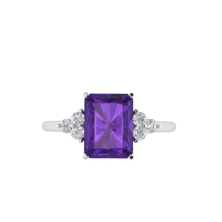 Trio Minimalist Emerald-Cut Amethyst Ring with Elegant Diamond Side Accents in 18K White Gold (2.4ct)