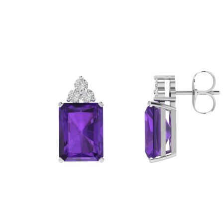 Trio Minimalist Emerald-Cut Amethyst Earrings with Elegant Diamond Side Accents in 18K White Gold (4.8ct)