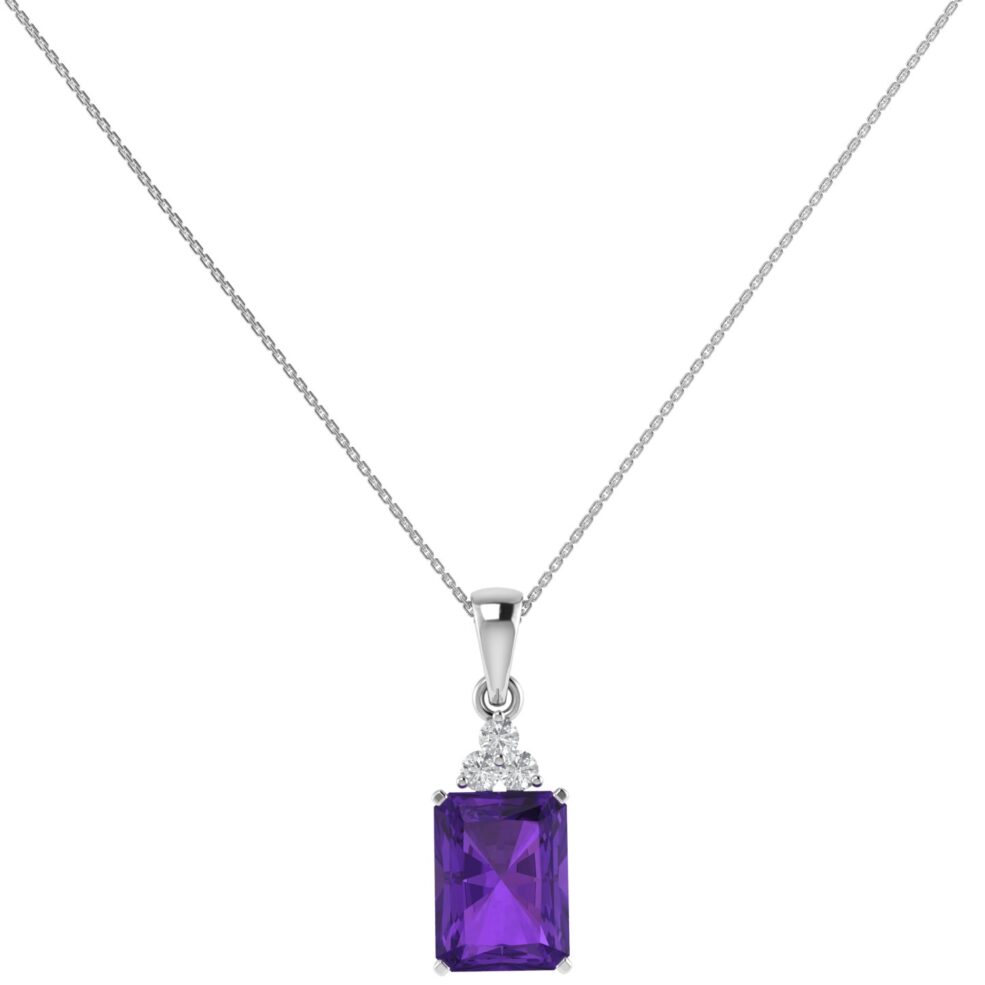 Trio Minimalist Emerald-Cut Amethyst Pendant with Elegant Diamond Side Accents in 18K White Gold (2.4ct)