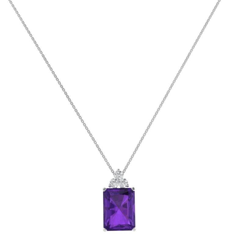 Trio Minimalist Emerald-Cut Amethyst Necklace with Elegant Diamond Side Accents in 18K White Gold (2.4ct)