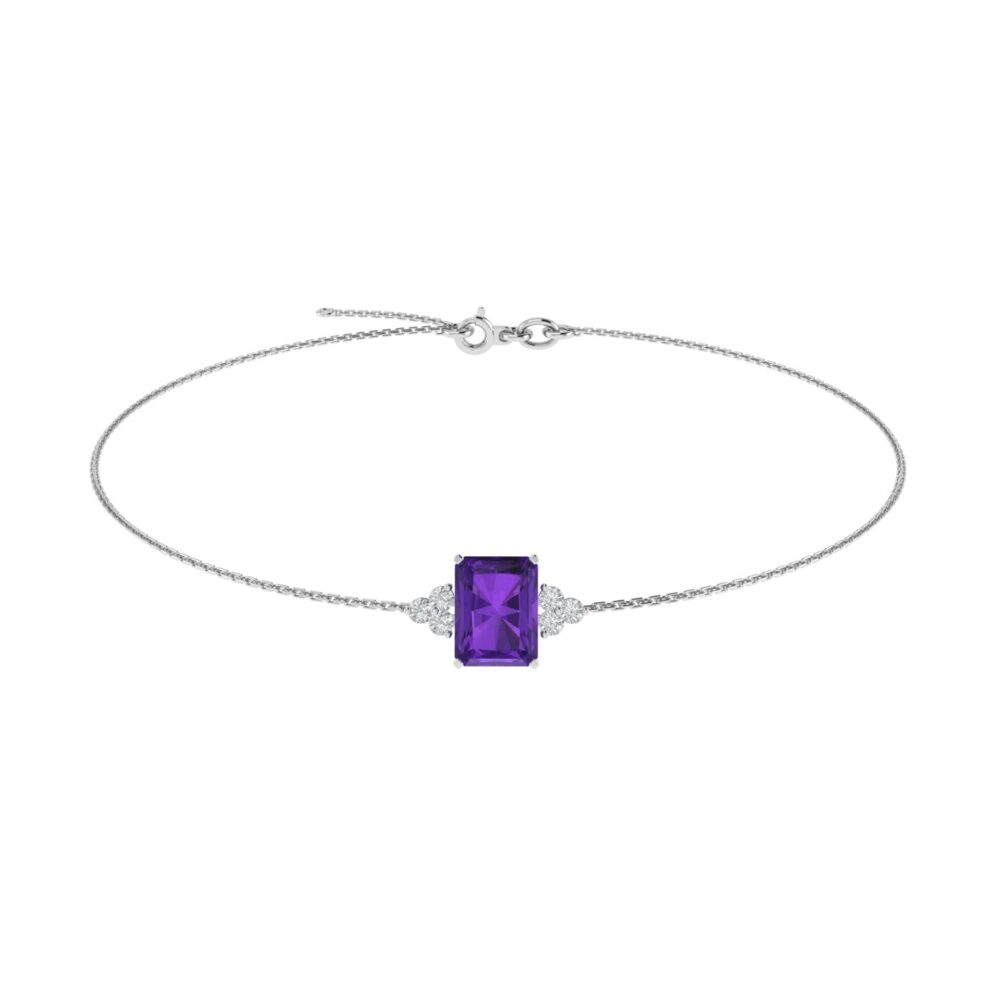 Trio Minimalist Emerald-Cut Amethyst Bracelet with Elegant Diamond Side Accents in 18K White Gold (2.4ct)