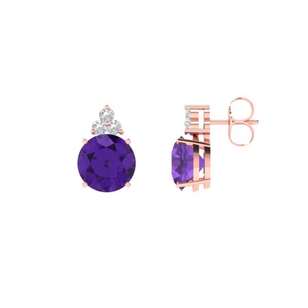 Triple Diamond Round Amethyst Earrings in 18k Gold