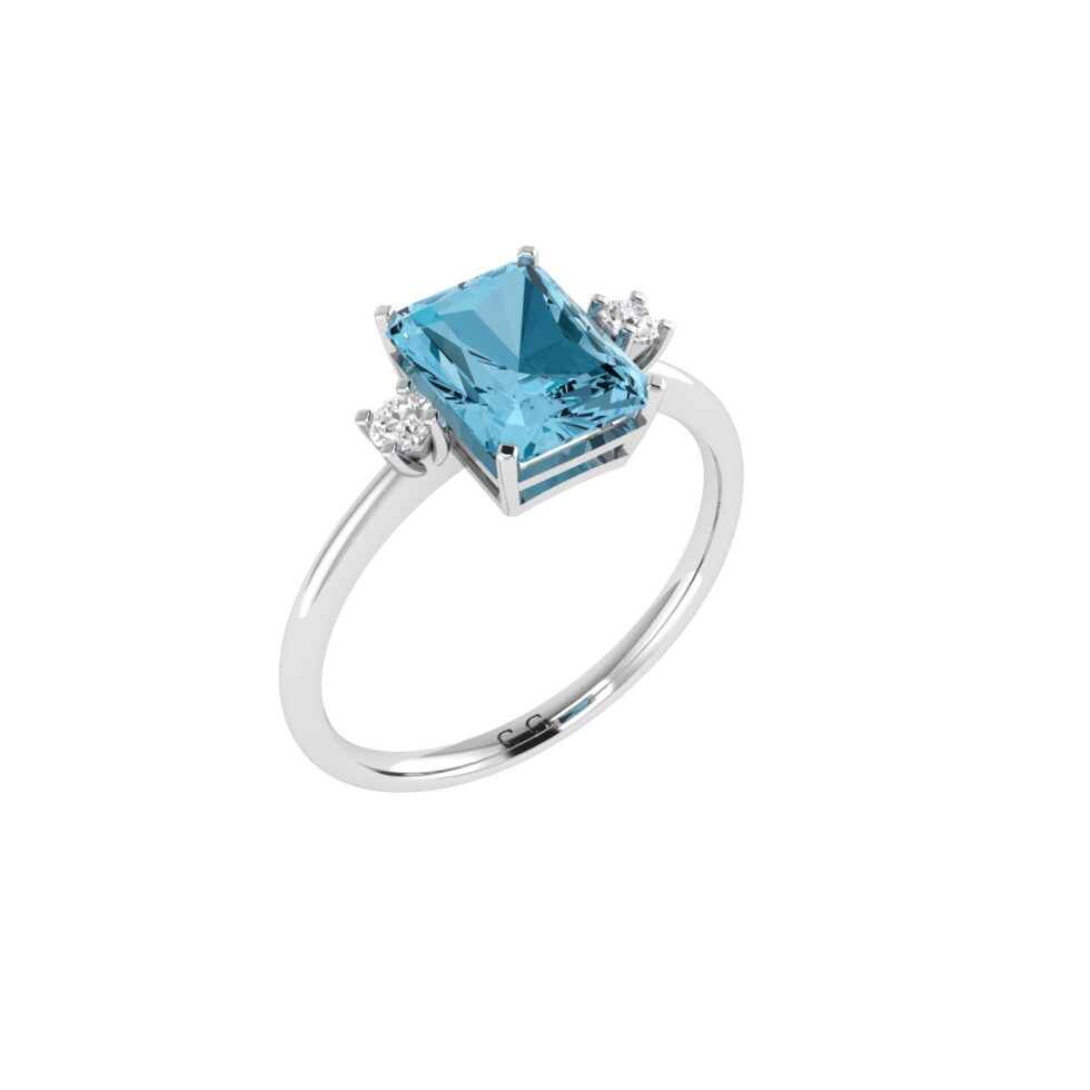 Minimalist Emerald-Cut Blue Topaz Ring with Elegant Diamond Side Accents in 18K White Gold (3.5ct)