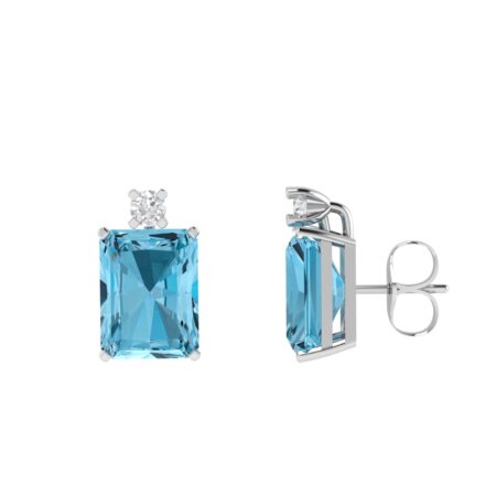 Minimalist Emerald-Cut Blue Topaz Earrings with Elegant Diamond Side Accents in 18K White Gold (7ct)
