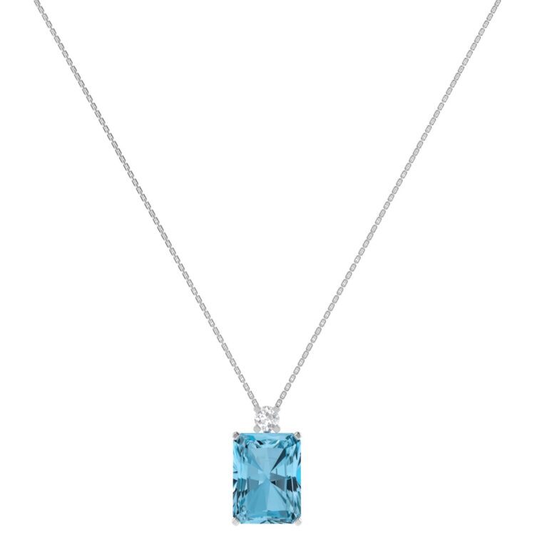 Minimalist Emerald-Cut Blue Topaz Necklace with Elegant Diamond Side Accents in 18K White Gold (3.5ct)