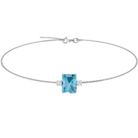 Minimalist Emerald-Cut Blue Topaz Bracelet with Elegant Diamond Side Accents in 18K White Gold (3.5ct)