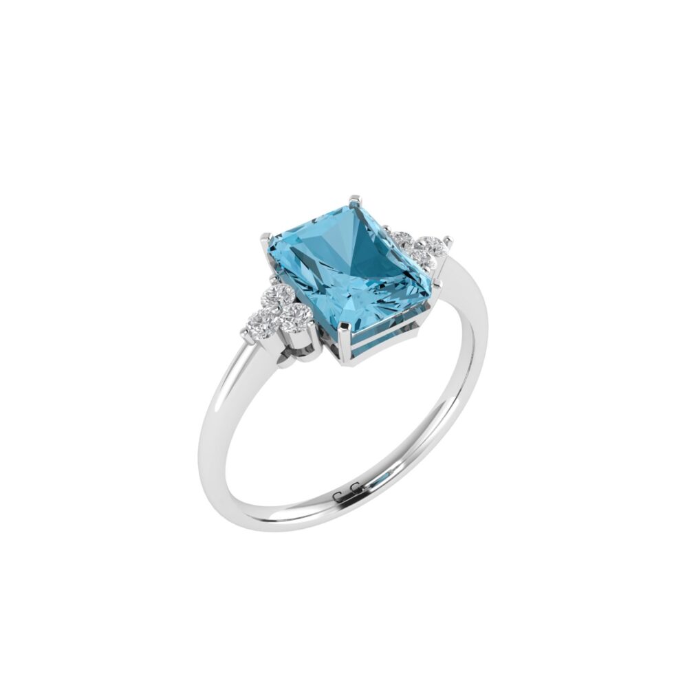 Trio Minimalist Emerald-Cut Blue Topaz Ring with Elegant Diamond Side Accents in 18K White Gold (3.5ct)