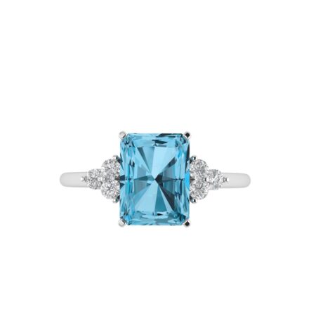 Trio Minimalist Emerald-Cut Blue Topaz Ring with Elegant Diamond Side Accents in 18K White Gold (3.5ct)