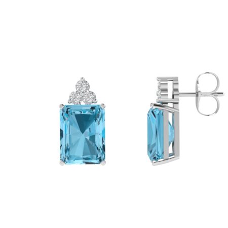 Trio Minimalist Emerald-Cut Blue Topaz Earrings with Elegant Diamond Side Accents in 18K White Gold (7ct)