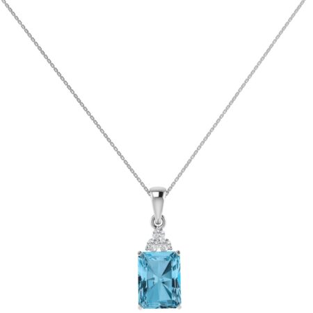 Trio Minimalist Emerald-Cut Blue Topaz Pendant with Elegant Diamond Side Accents in 18K White Gold (3.5ct)