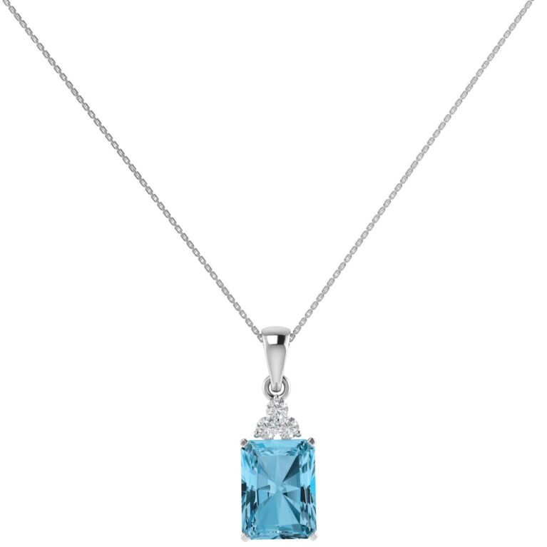 Trio Minimalist Emerald-Cut Blue Topaz Pendant with Elegant Diamond Side Accents in 18K White Gold (3.5ct)