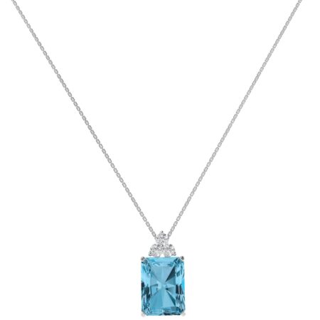 Trio Minimalist Emerald-Cut Blue Topaz Necklace with Elegant Diamond Side Accents in 18K White Gold (3.5ct)