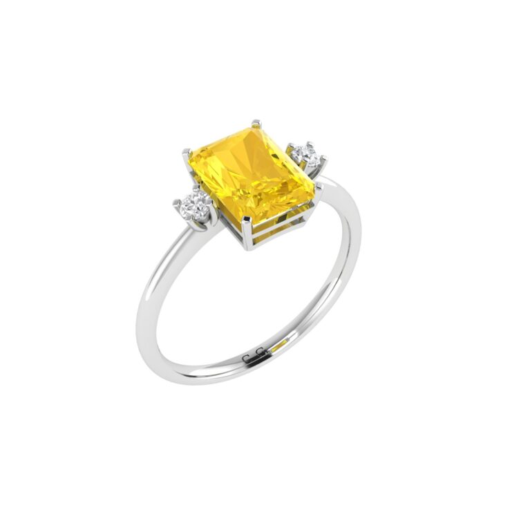 Minimalist Emerald-Cut Citrine Ring with Elegant Diamond Side Accents in 18K White Gold (2.4ct)