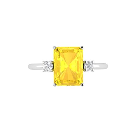 Minimalist Emerald-Cut Citrine Ring with Elegant Diamond Side Accents in 18K White Gold (2.4ct)