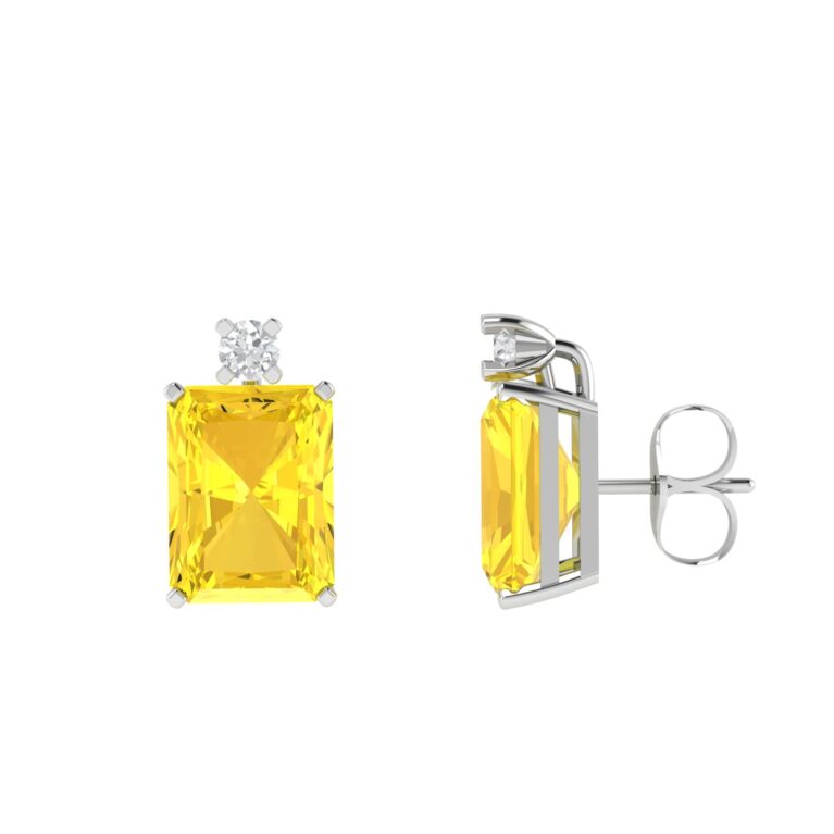 Minimalist Emerald-Cut Citrine Earrings with Elegant Diamond Side Accents in 18K White Gold (4.8ct)