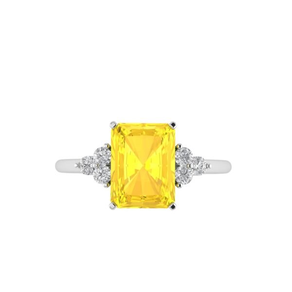 Trio Minimalist Emerald-Cut Citrine Ring with Elegant Diamond Side Accents in 18K White Gold (2.4ct)