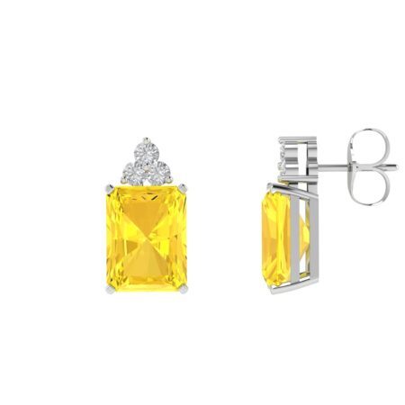 Trio Minimalist Emerald-Cut Citrine Earrings with Elegant Diamond Side Accents in 18K White Gold (4.8ct)