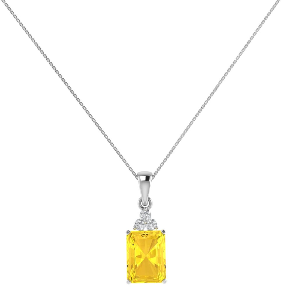 Trio Minimalist Emerald-Cut Citrine Pendant with Elegant Diamond Side Accents in 18K White Gold (2.4ct)