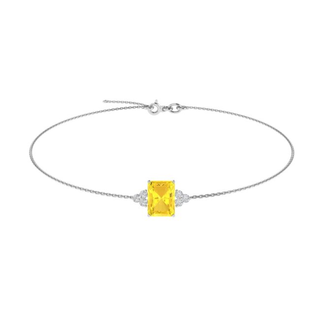 Trio Minimalist Emerald-Cut Citrine Bracelet with Elegant Diamond Side Accents in 18K White Gold (2.4ct)