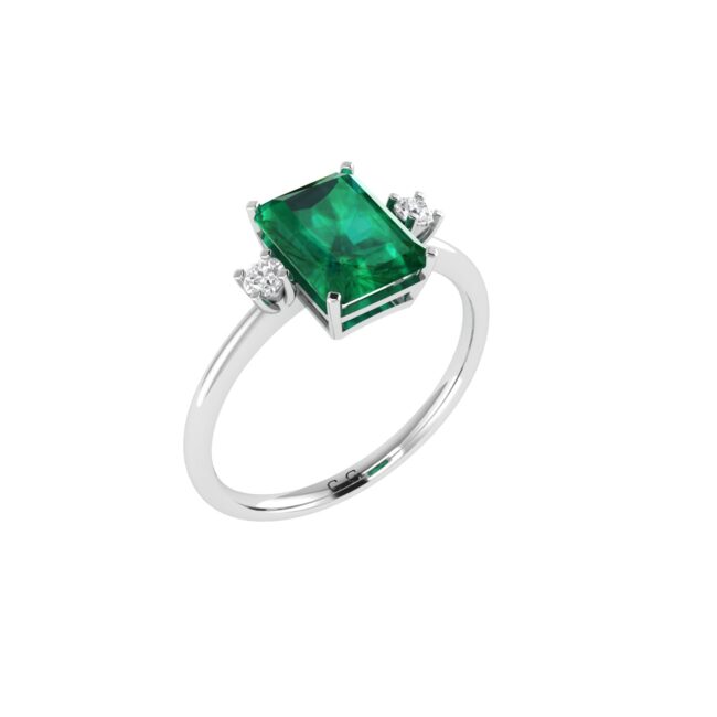 Minimalist Emerald-Cut Emerald Ring with Elegant Diamond Side Accents in 18K White Gold (2.25ct)