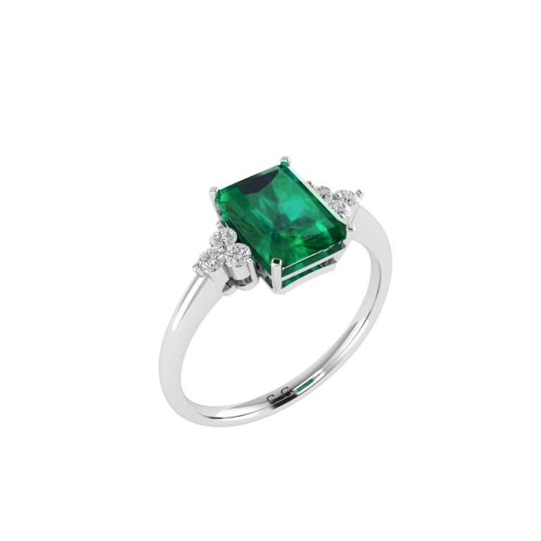 Trio Minimalist Emerald-Cut Emerald Ring with Elegant Diamond Side Accents in 18K White Gold (2.25ct)