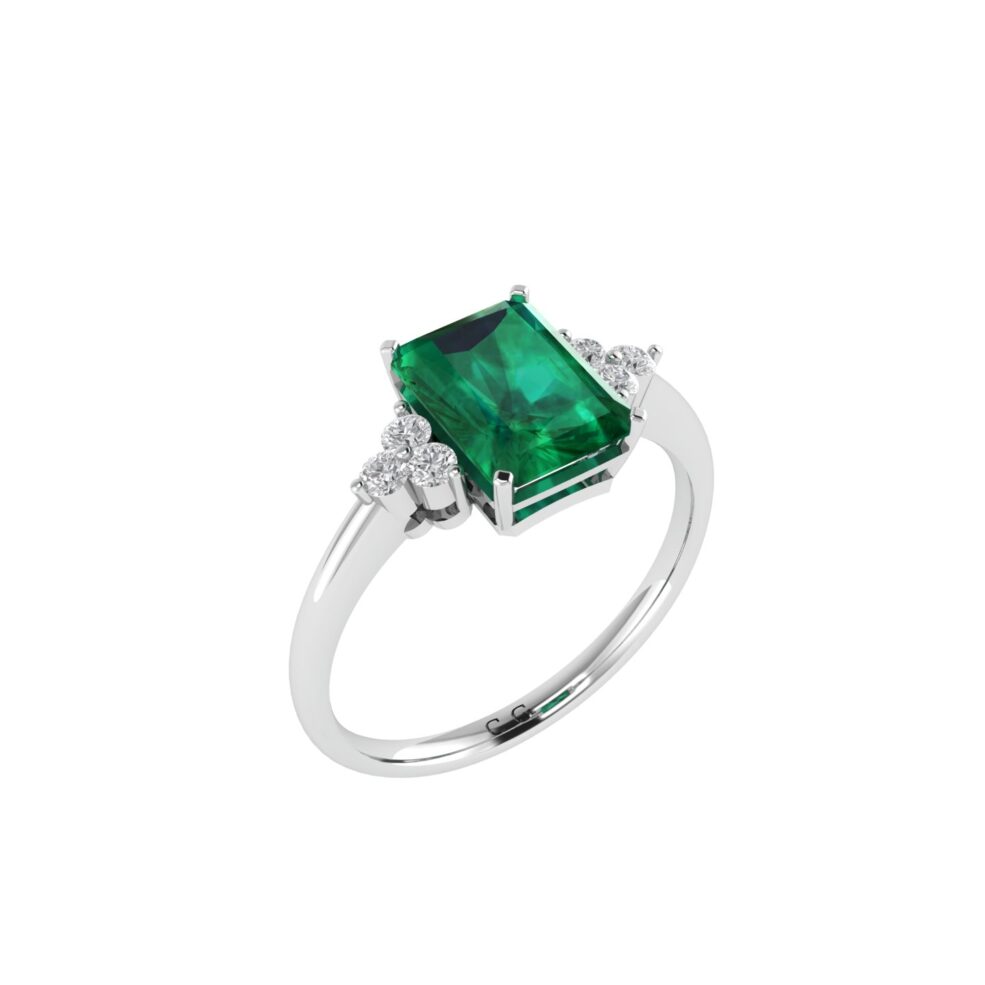 Trio Minimalist Emerald-Cut Emerald Ring with Elegant Diamond Side Accents in 18K White Gold (2.25ct)